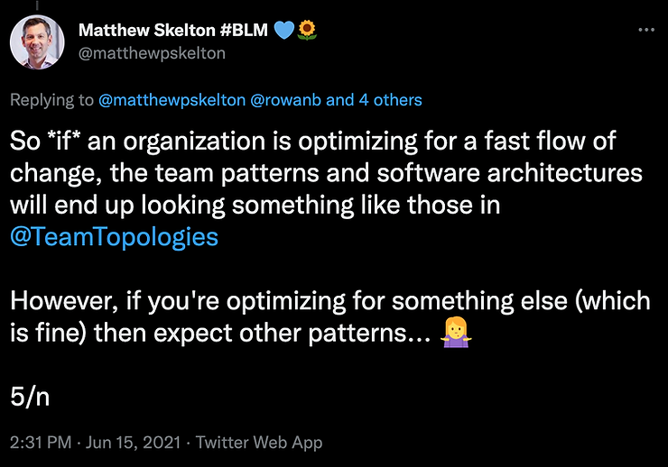 Matthew Skelton tweet — if optimizing for a fast flow of change, team patterns will end up looking like Team Topologies