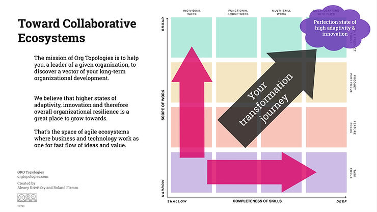 Toward Collaborative Ecosystems — Org Topologies map showing a transformation journey from narrow task focus toward a perfection state of high adaptivity and innovation
