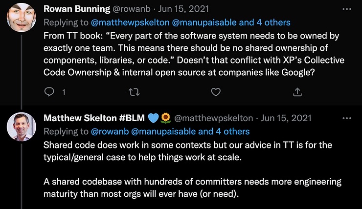 Tweet thread on shared code ownership — Rowan Bunning citing Team Topologies and Matthew Skelton replying that shared codebases need engineering maturity