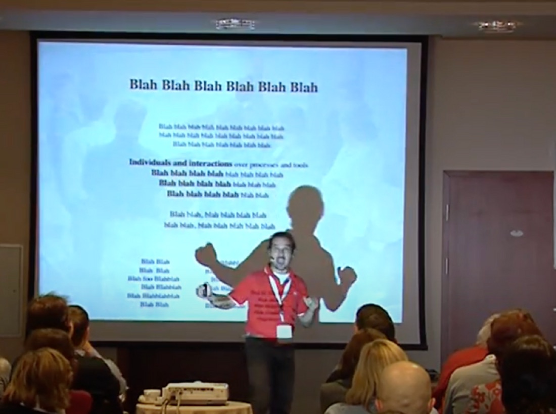 Alexey Krivitsky presenting the Blah-Blah-Blah Manifesto on stage at Agile Tour Vilnius, 2011