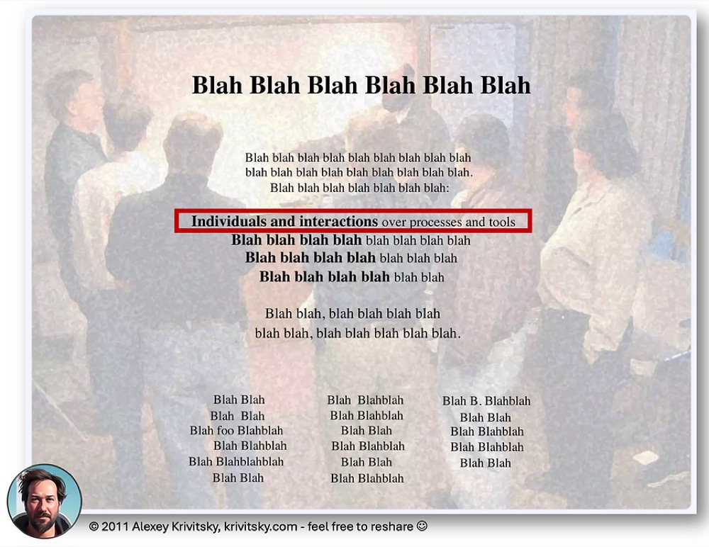 The Blah-Blah-Blah Manifesto — Individuals and interactions over processes and tools, surrounded by "blah blah" noise