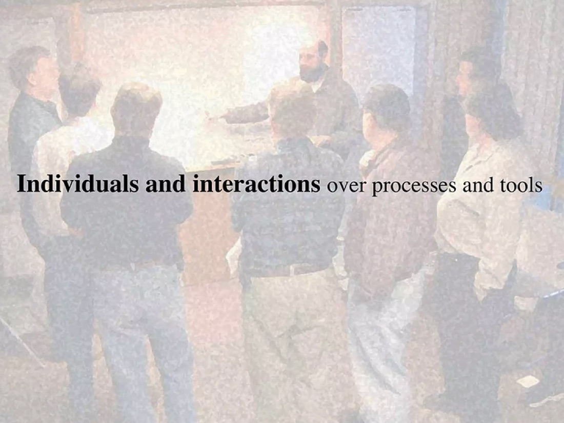 Slide showing "Individuals and interactions over processes and tools" — the first value of the Agile Manifesto