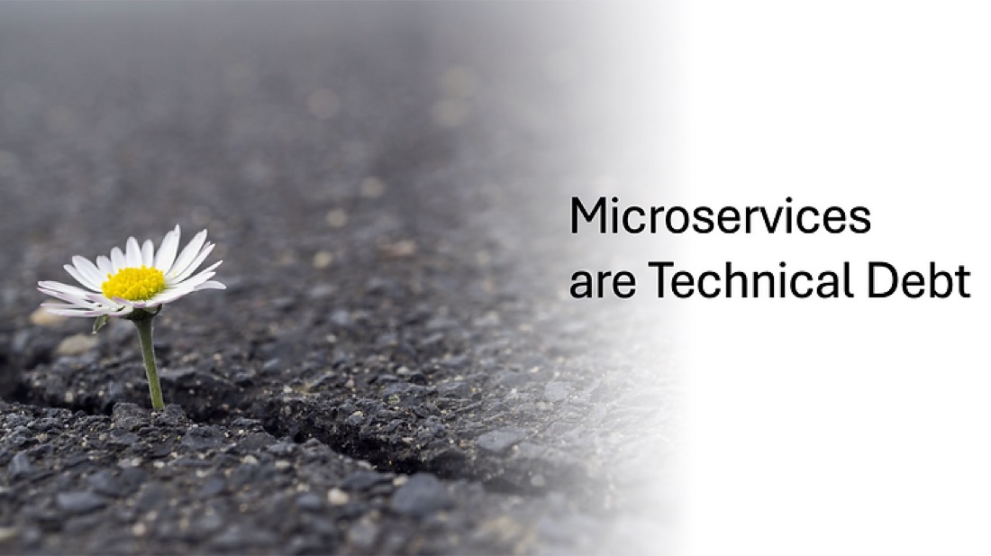 A single daisy growing through cracked asphalt next to the title "Microservices are Technical Debt"