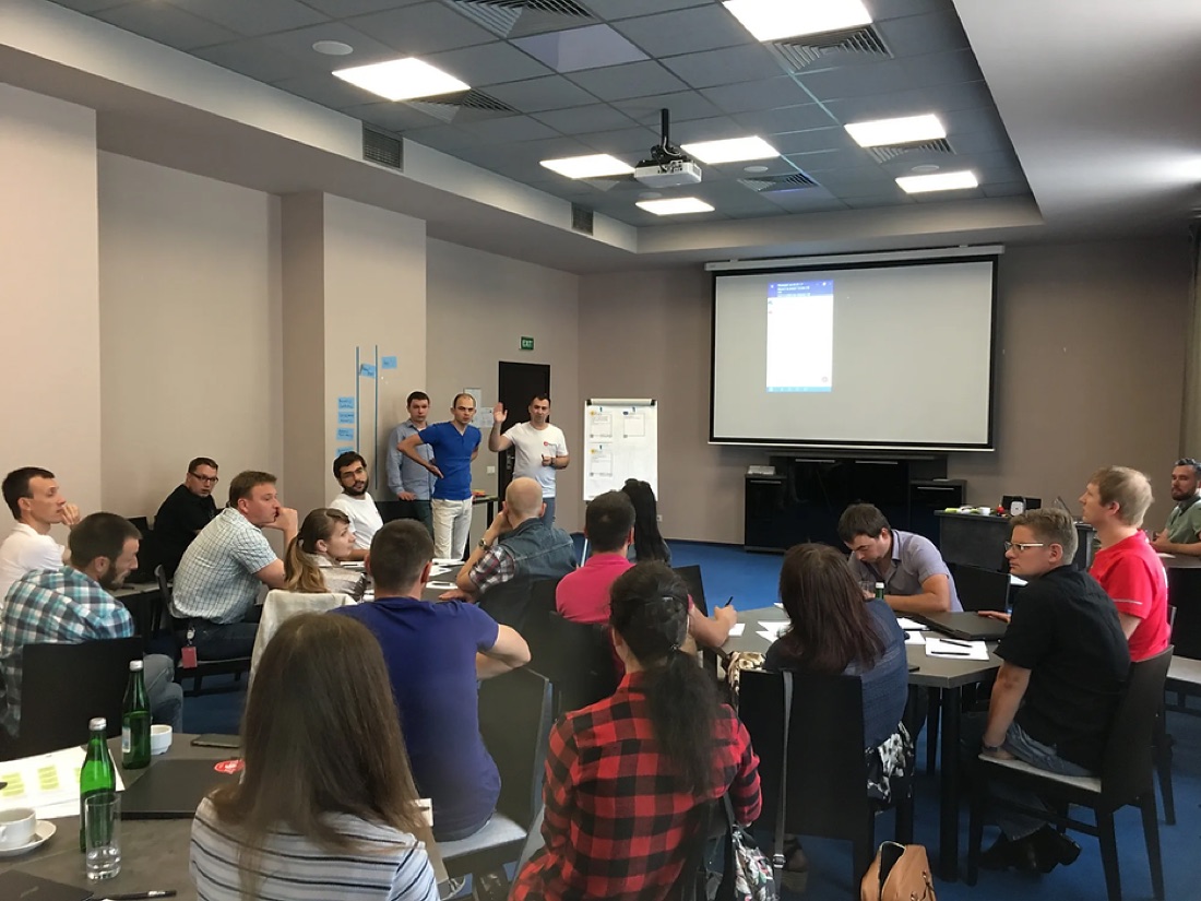 Developers demoing the current product to the rest of the circle (Android tablet build)