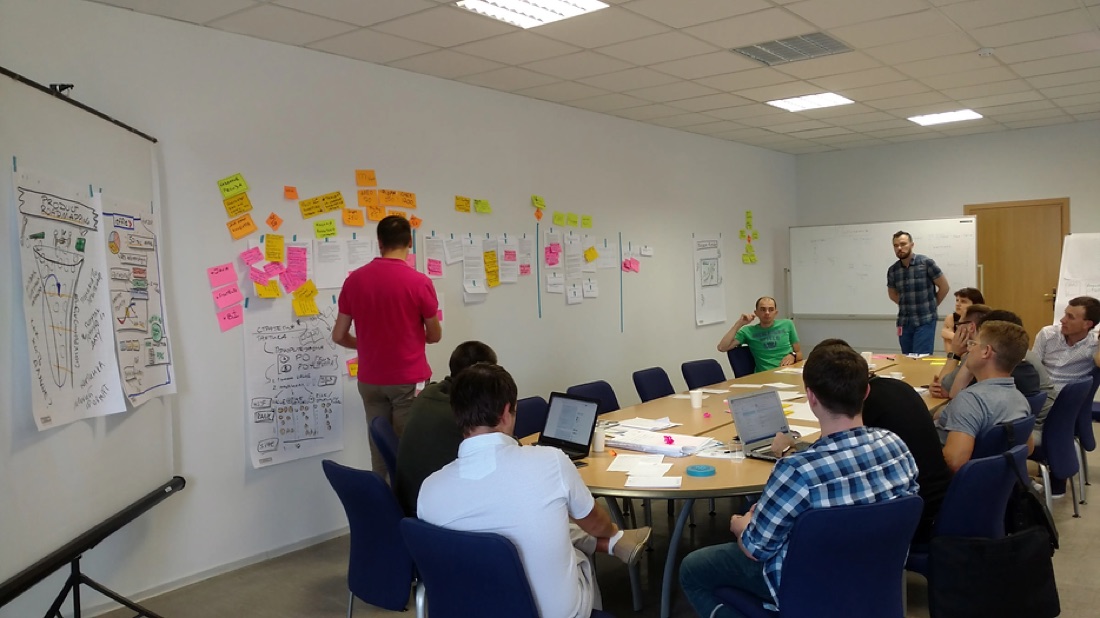 Roadmapping workshop in progress — wall covered in stickies, team in discussion