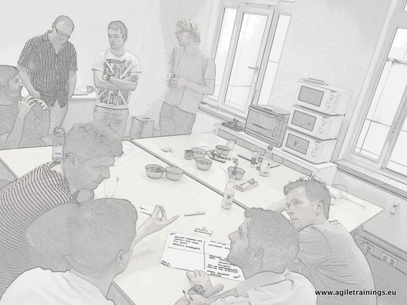Sub-group standing and brainstorming around a table during the refinement meeting