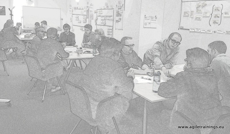 Mixed cross-team groups working at tables on backlog items together