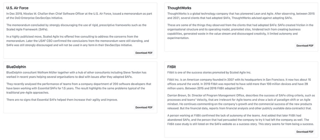 Case studies of troubled SAFe adoptions — US Air Force, BlueDolphin, ThoughtWorks, FitBit