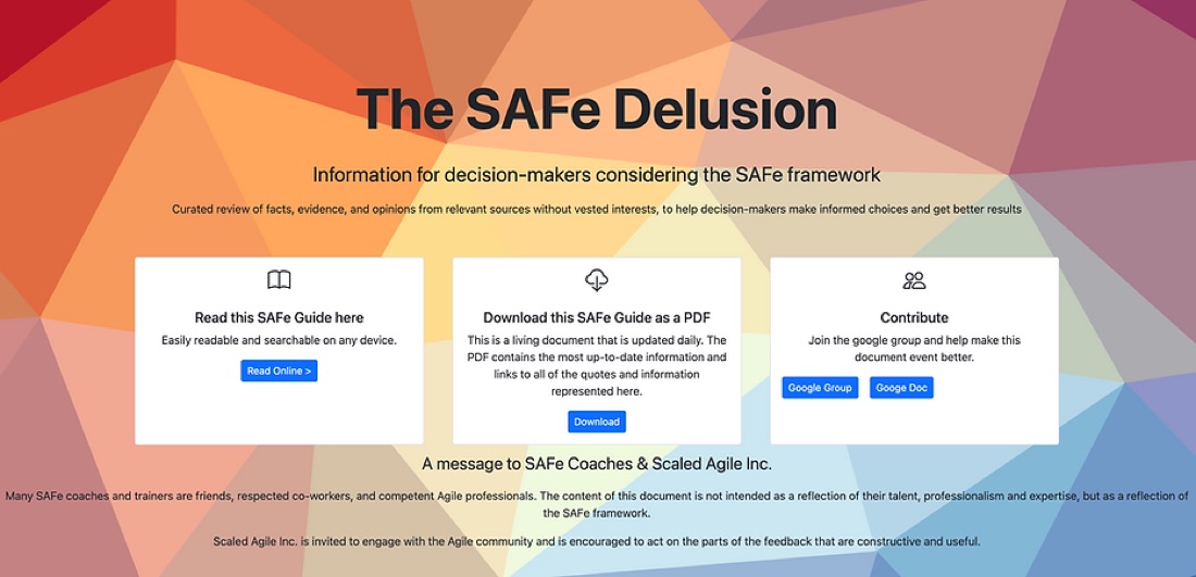 The SAFe Delusion — landing page header: "Information for decision-makers considering the SAFe framework"