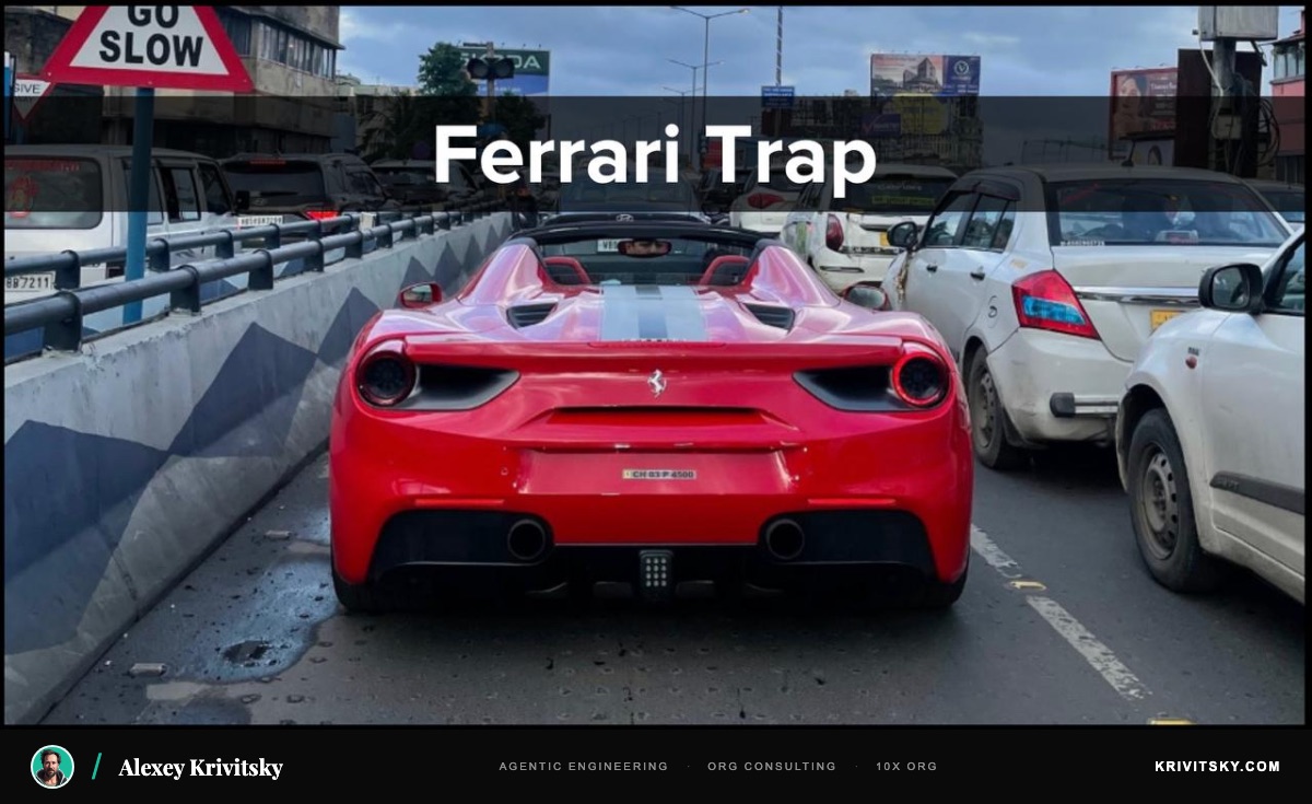 Ferrari stuck in traffic — a metaphor for AI-accelerated organizations hitting the same structural bottlenecks