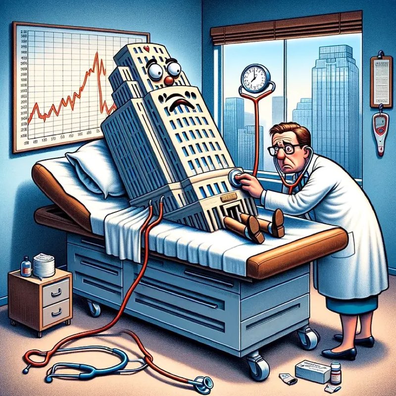 A sick high-rise on a hospital bed being examined by a doctor — cartoon of a corporate organization as a patient
