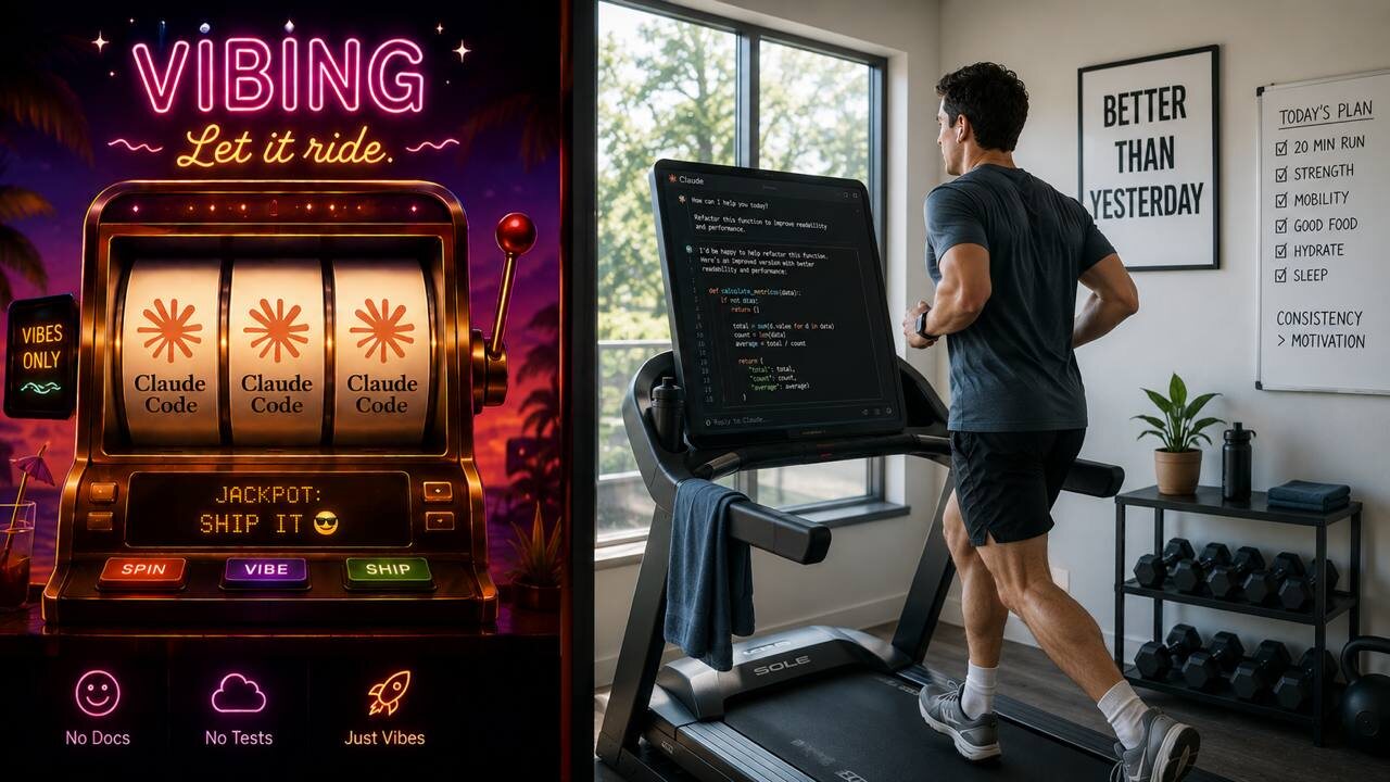 Two ways to use the same AI — a neon Vibing slot machine on the left, and a home gym with Claude on a screen and a Better Than Yesterday wall on the right.