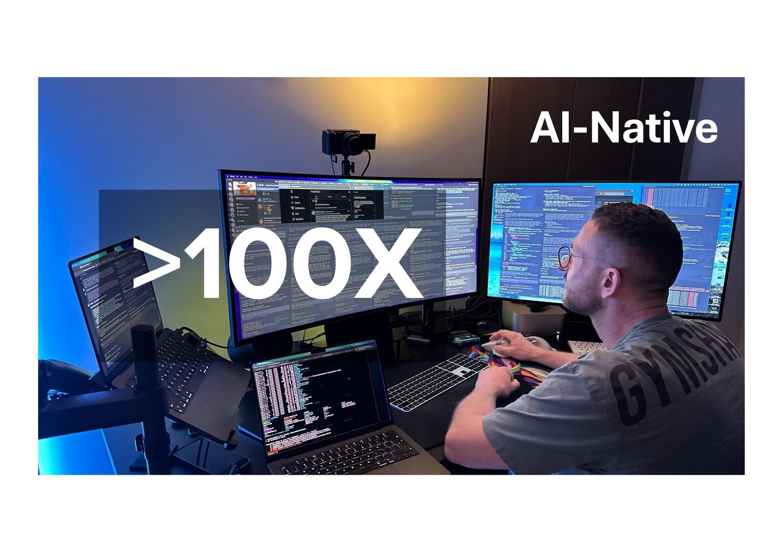 An AI-native developer at a multi-monitor setup — working at more than 100X.