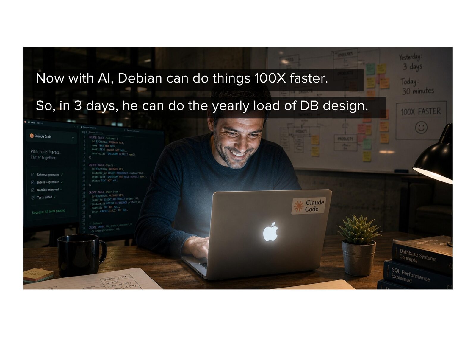 Now with AI, Debian can do things 100X faster. So, in 3 days, he can do the yearly load of DB design.