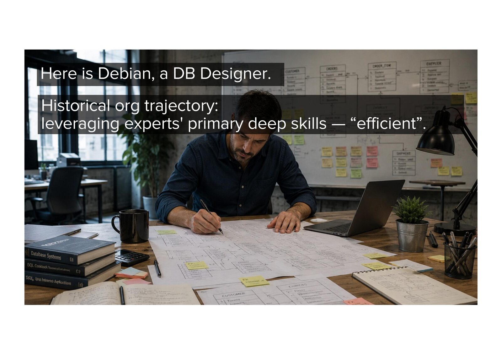 Here is Debian, a DB Designer. Historical org trajectory: leveraging experts' primary deep skills — "efficient".