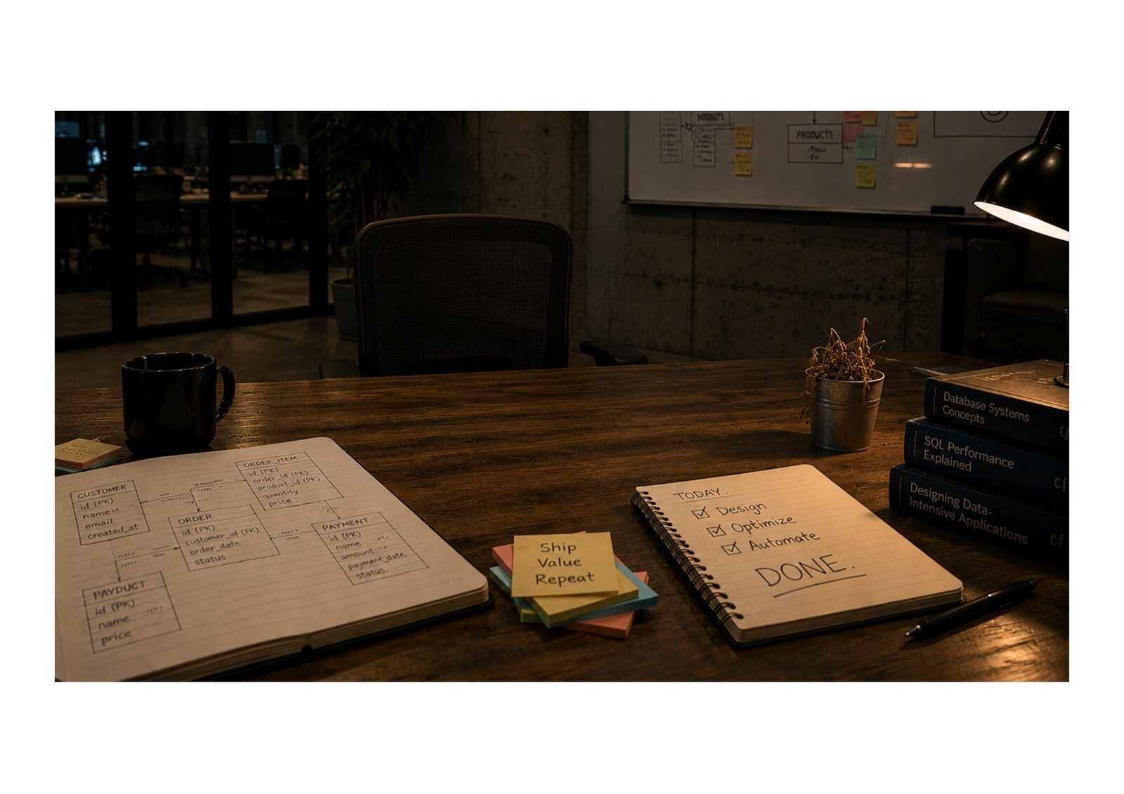 An after-hours desk — a hand-drawn schema, a "Ship Value Repeat" sticky note, and a checklist marked DONE.