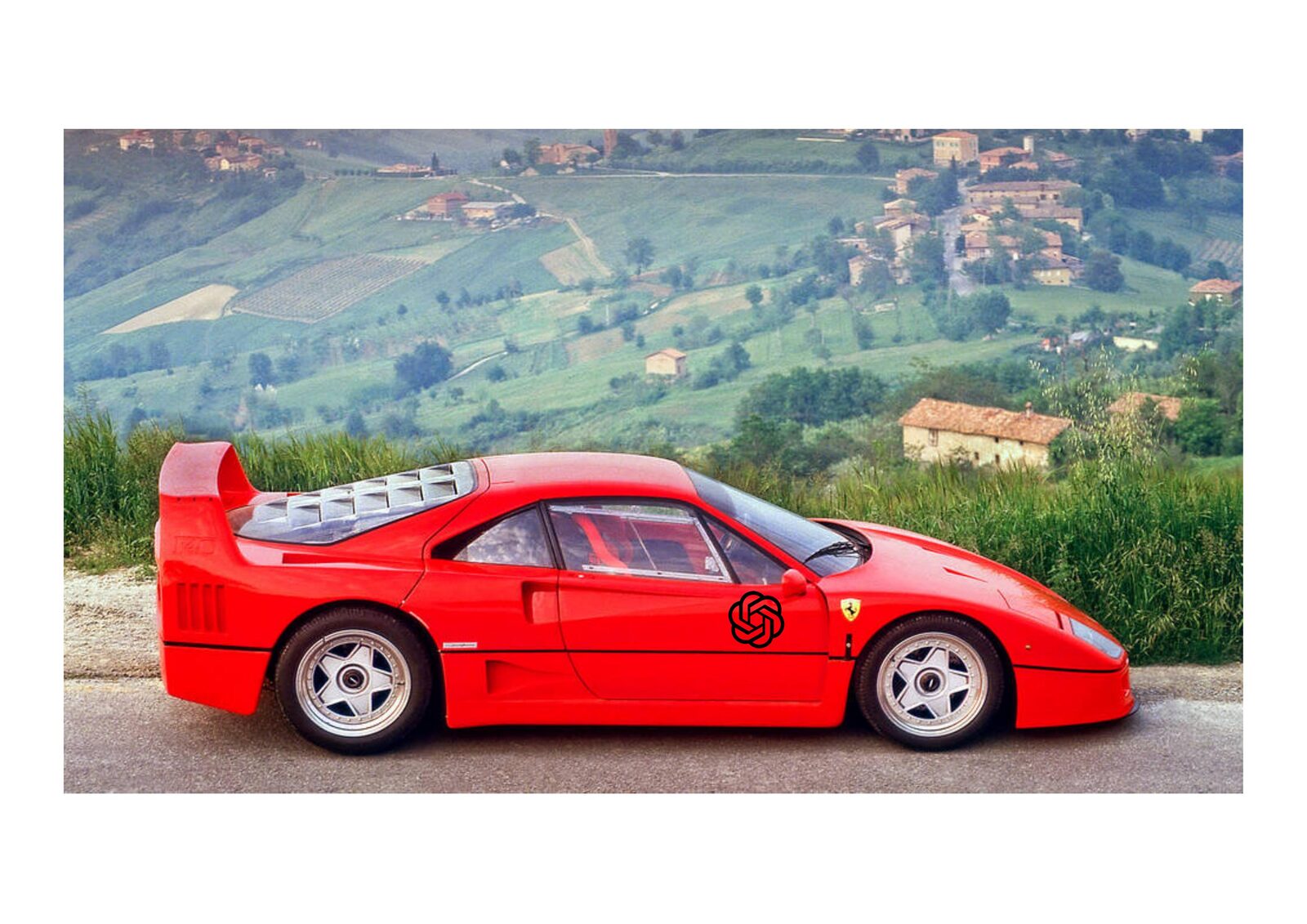 A red Ferrari on an open country road — raw speed with nowhere to lose it.