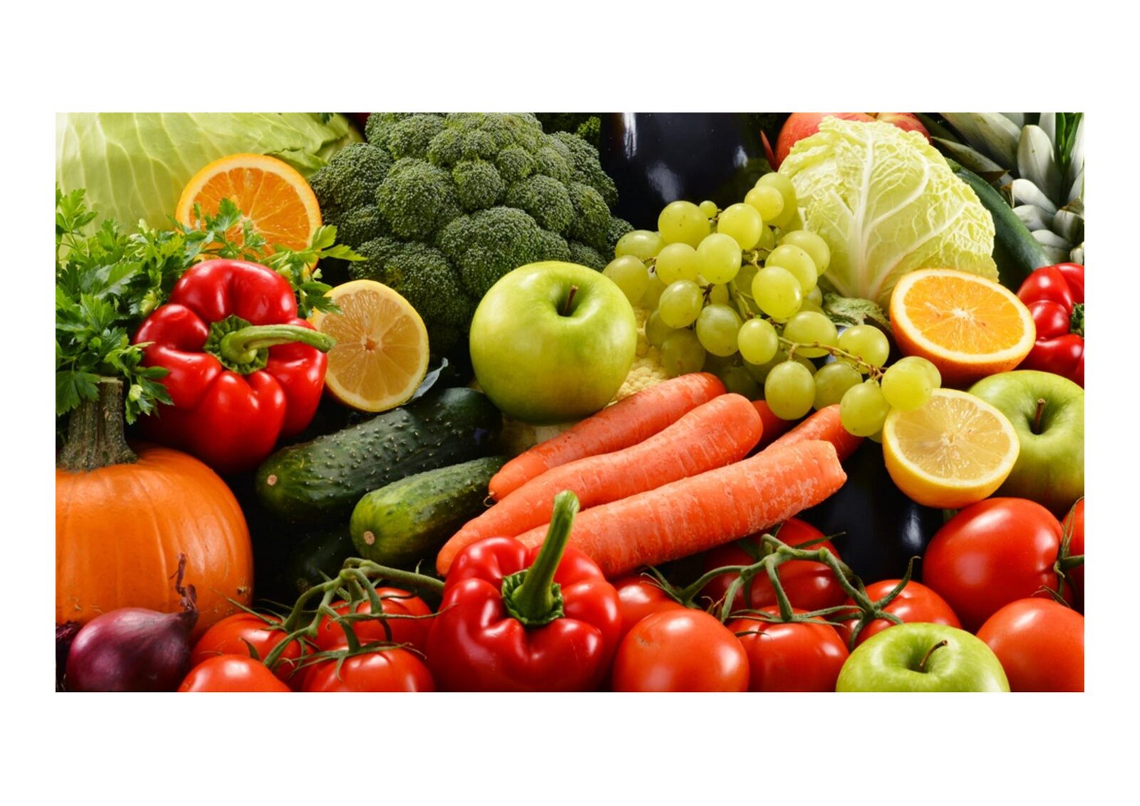 An abundant spread of fresh fruits and vegetables — variety and balance.