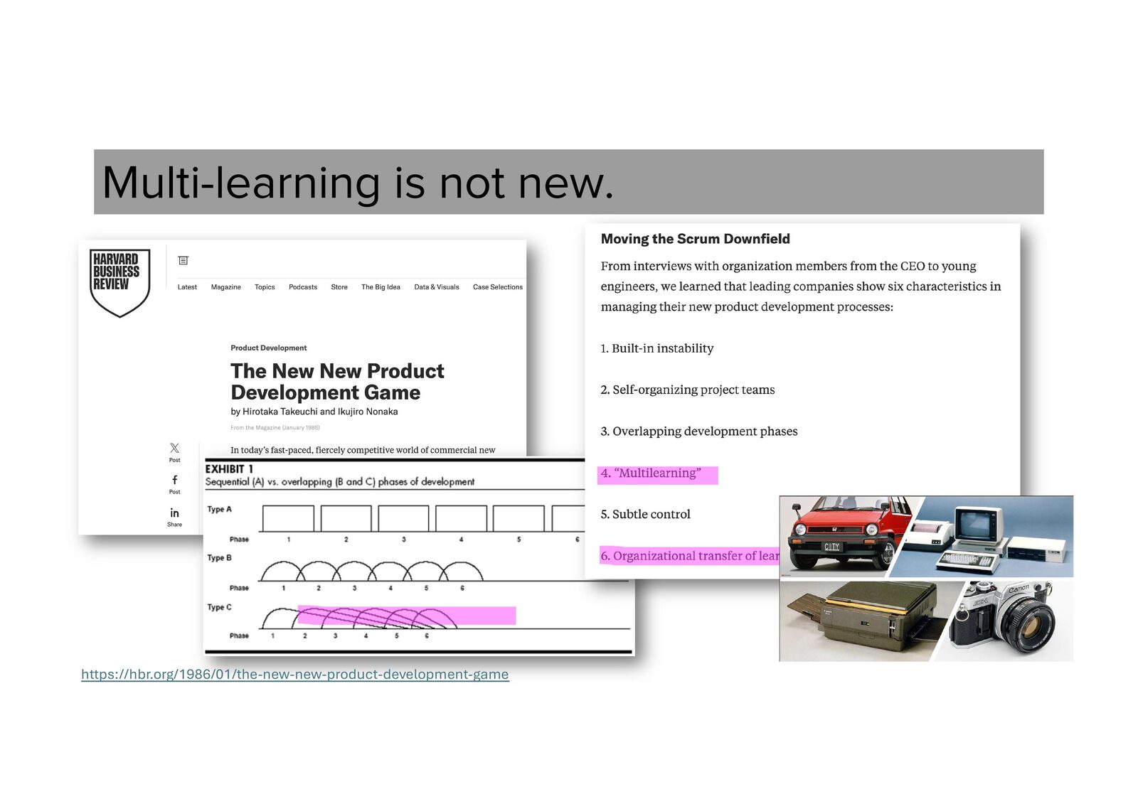 Multi-learning is not new. Takeuchi & Nonaka, "The New New Product Development Game", HBR 1986 — built-in instability, self-organizing teams, overlapping phases, multilearning, subtle control, organizational transfer of learning.