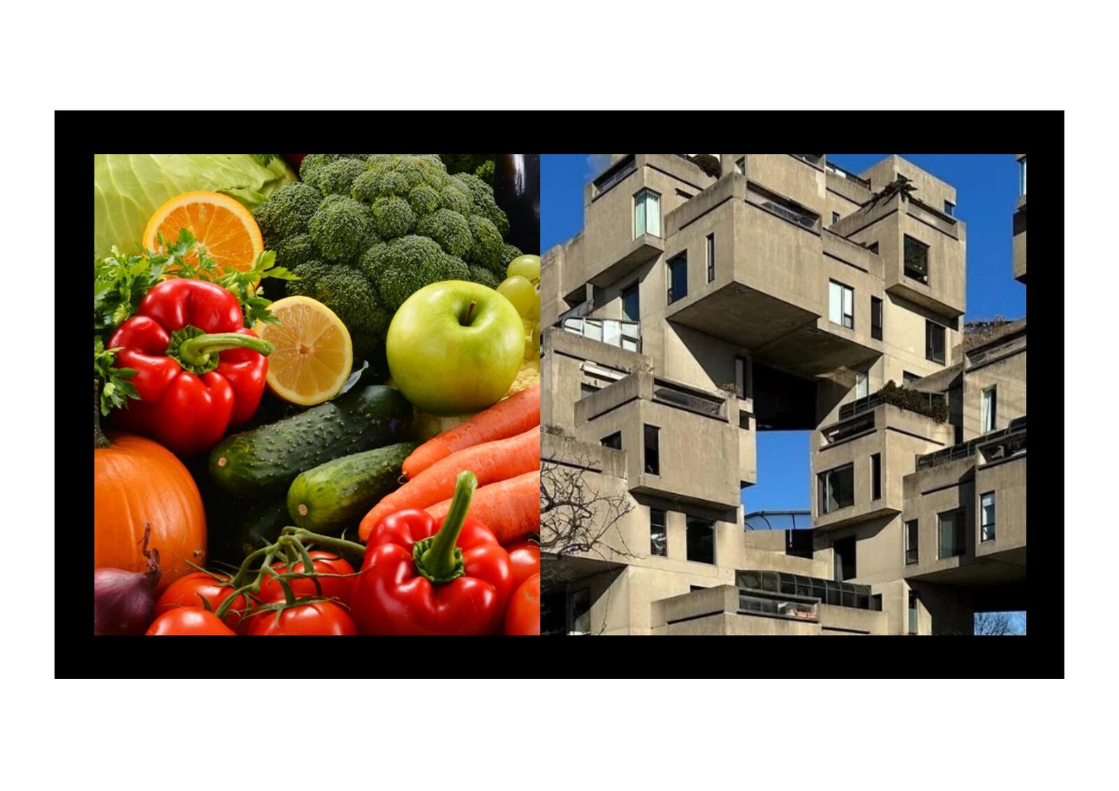 Fresh, varied produce beside a rigid modular concrete building — a living system versus a fixed structure.