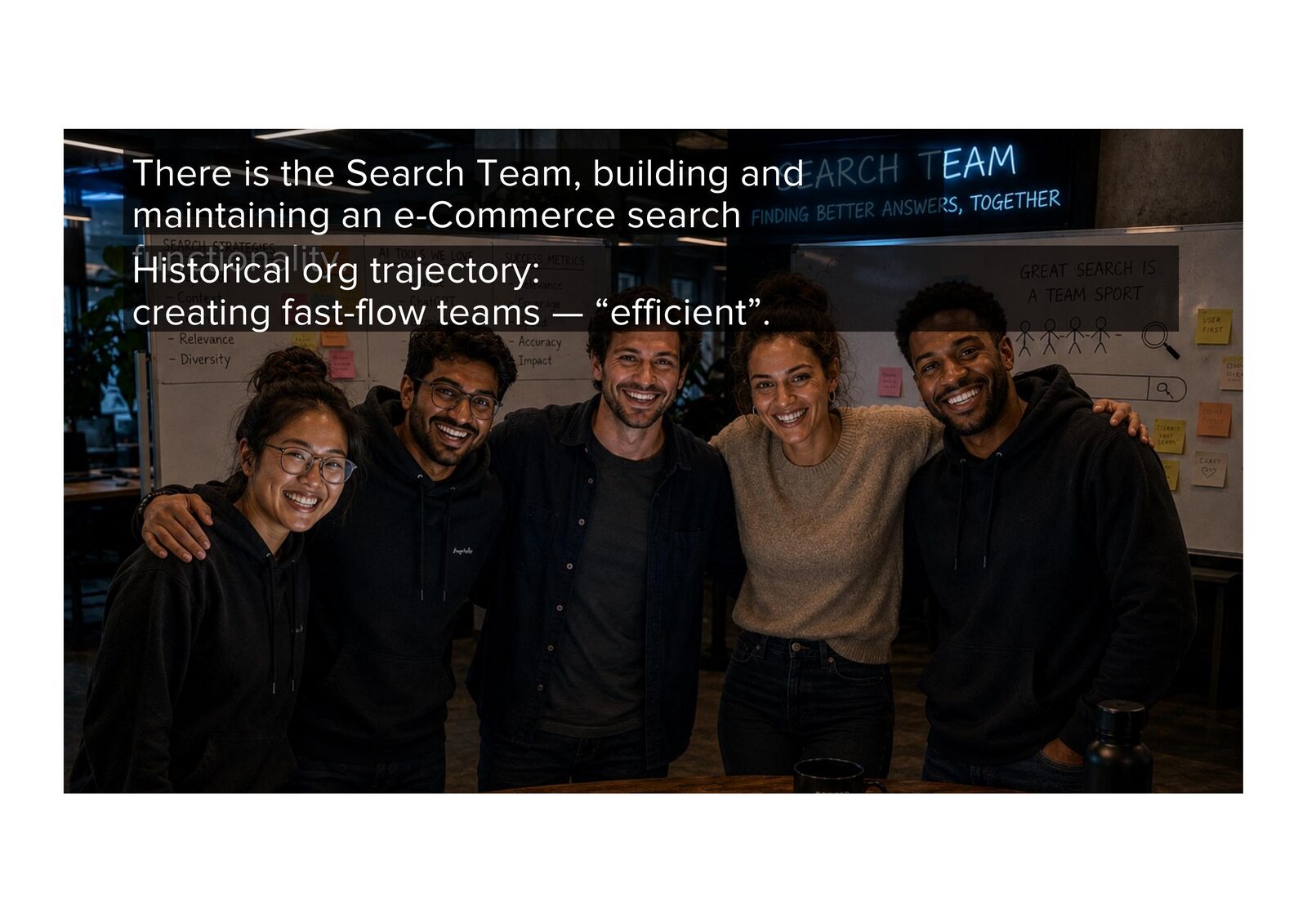 There is the Search Team, building and maintaining an e-Commerce search. Historical org trajectory: creating fast-flow teams — "efficient".